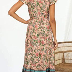 Bohemian Floral Printed Wrap V Neck Short Sleeve